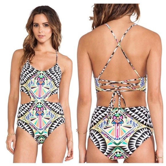 Mara Hoffman Cosmic Fountain Lace Up Cut Out One Piece Swimsuit Bathing Suit - Picture 1 of 15
